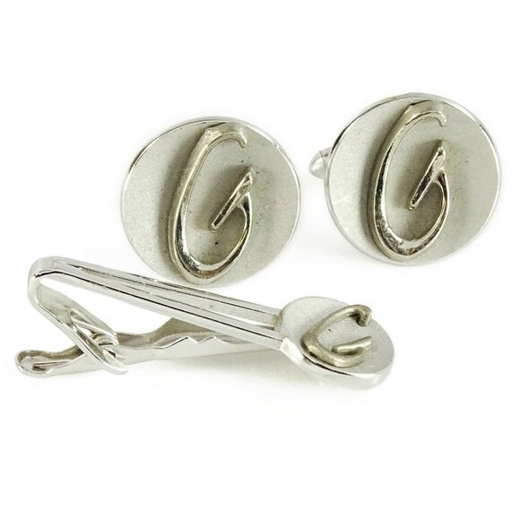 Swank Letter G Initial Cufflinks Set w Tie Clip Bar Vintage Silvertone Monogram - Picture 1 of 6